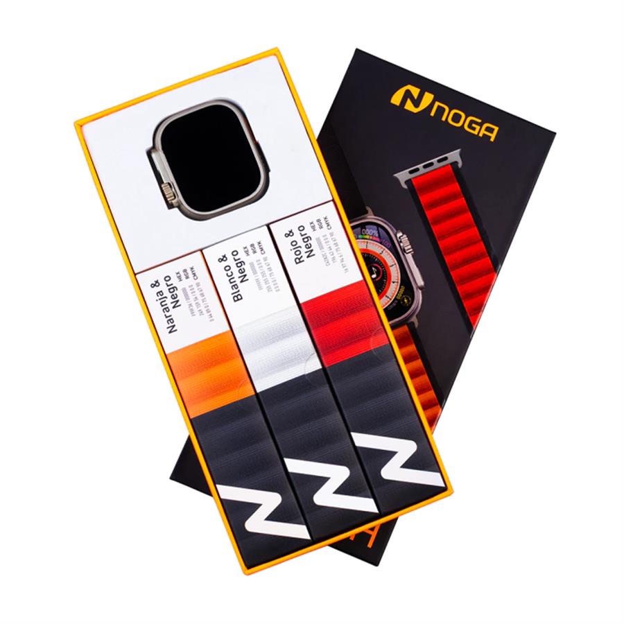 SW17S Smartwatch Noga Watch + 3 Mallas + Vidrio Protector - Naranja, Rojo y Blanco, todas con negro
